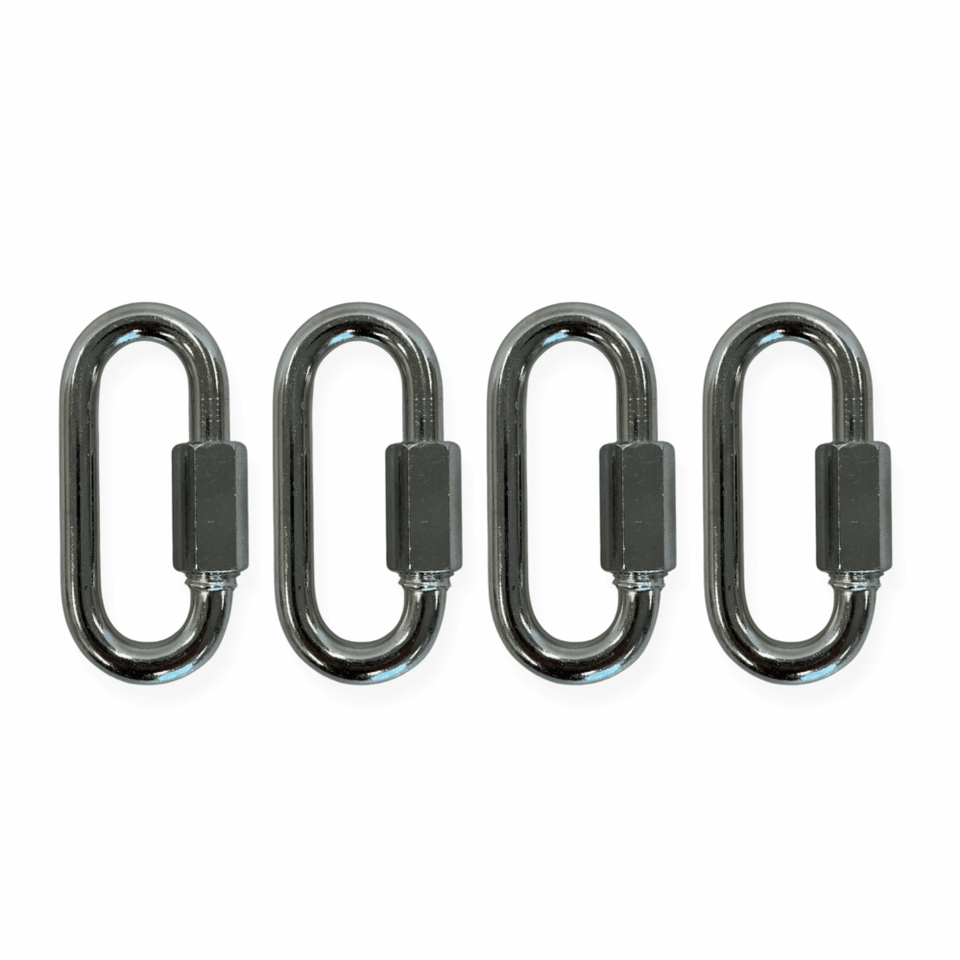 Close-up product image showing four zinc-plated 3/8-inch quick links arranged on a neutral background for steel target chain mounting hardware