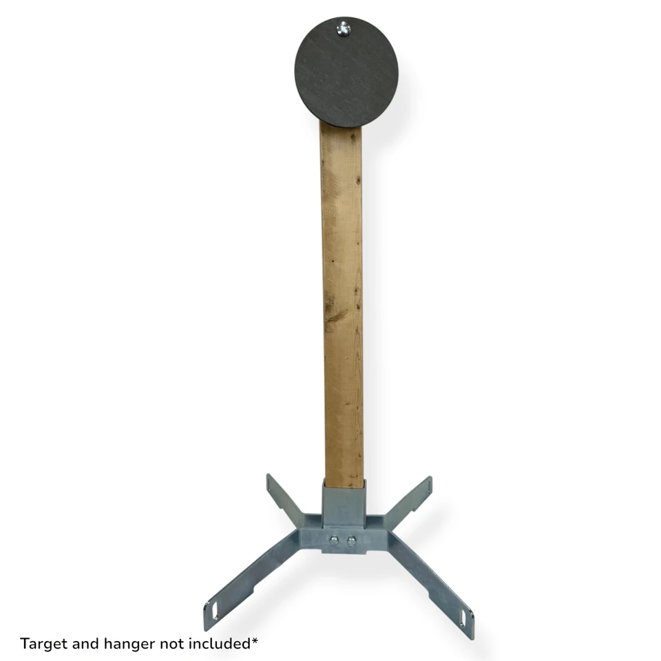 Outdoor shooting setup featuring AR500 round steel target mounted on 2x4 static stand system used for defensive pistol and carbine marksmanship training practice