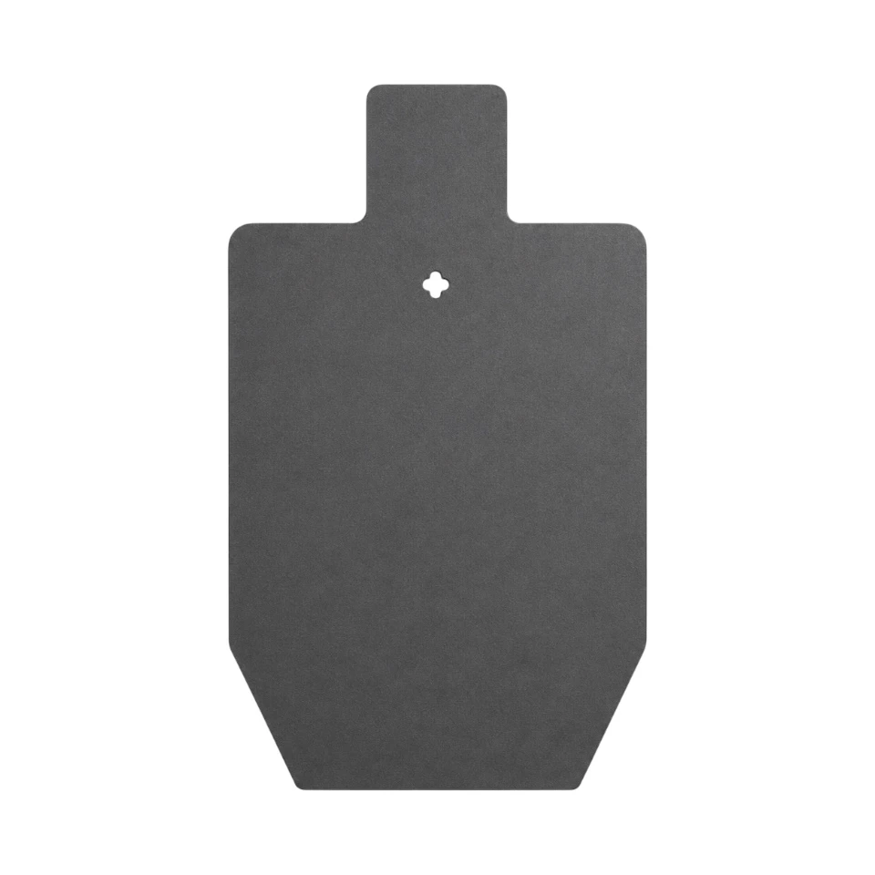 CNC laser-cut AR500 static silhouette target mounted on outdoor steel hanger system for rifle and pistol training at range with clean impact feedback surface