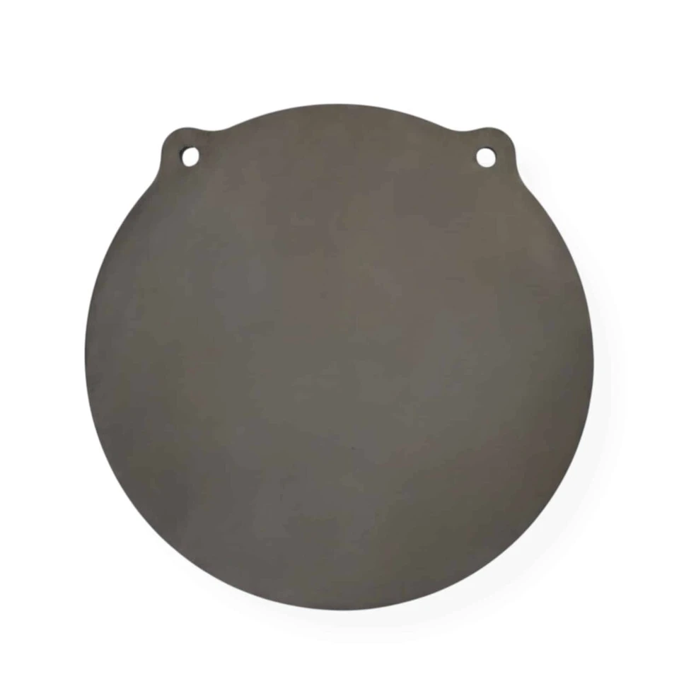 1/2 inch AR500 round gong target mounted on steel hanger system for long-range rifle training at outdoor shooting range with visible impact feedback surface