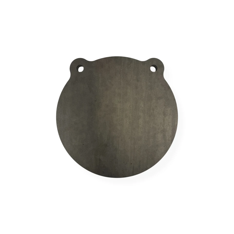 Close-up of chain attachment point securing AR500 gong target demonstrating durable mounting hardware setup for repeated firearm impact use