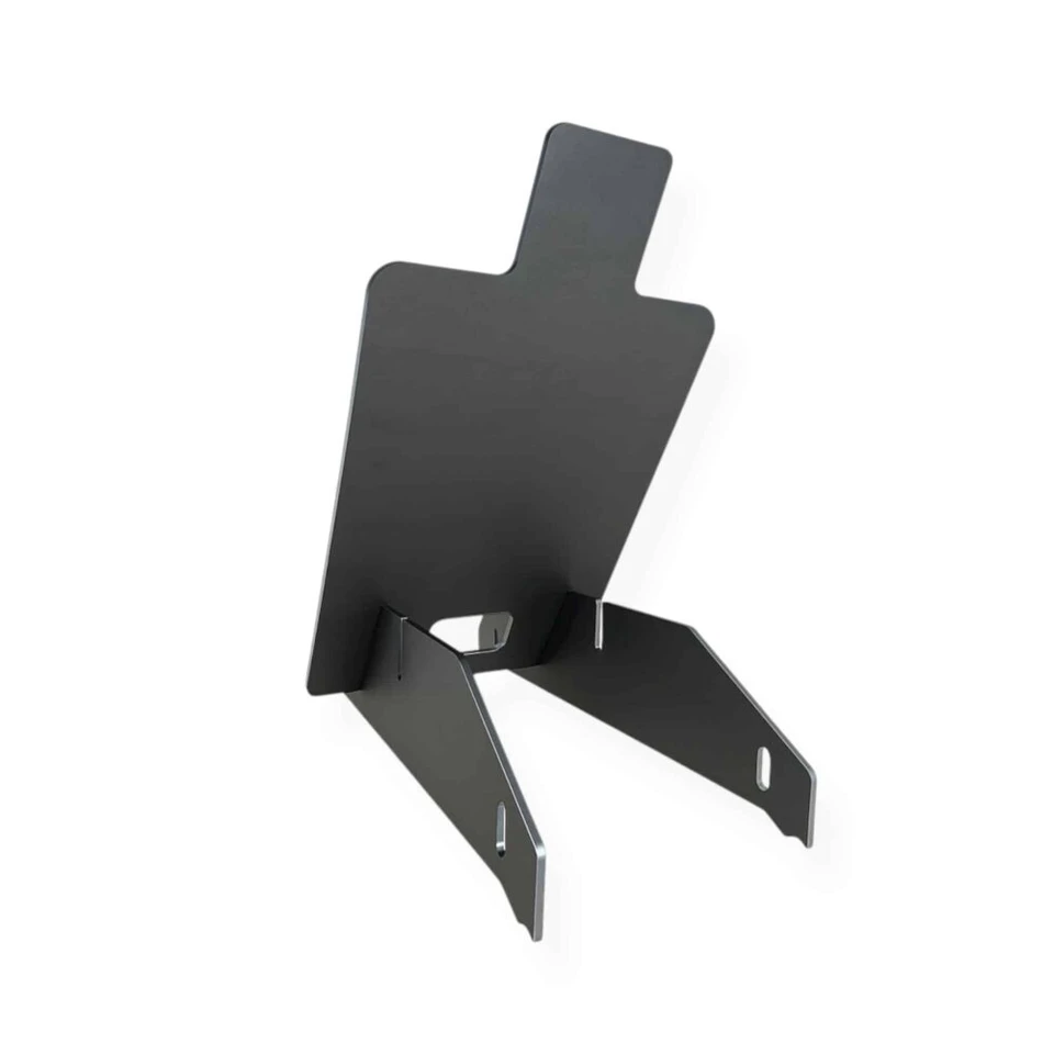 Modular steel shooting target system displayed with AR500 silhouette plate and AR400 base, showing tool-free design assembled for quick range setup and transport-ready breakdown.