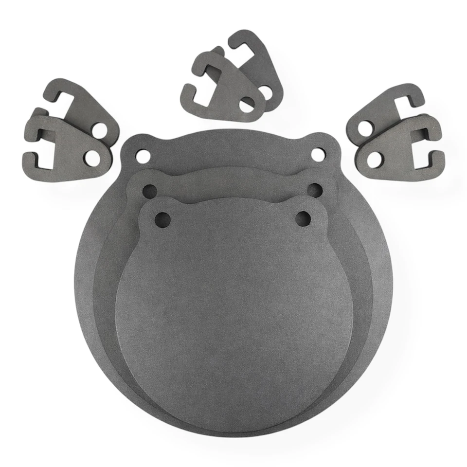 Three-piece AR500 steel gong target set displayed outdoors with 8-inch, 10-inch, and 12-inch plates mounted on T-post hanger system for long-range shooting practice.