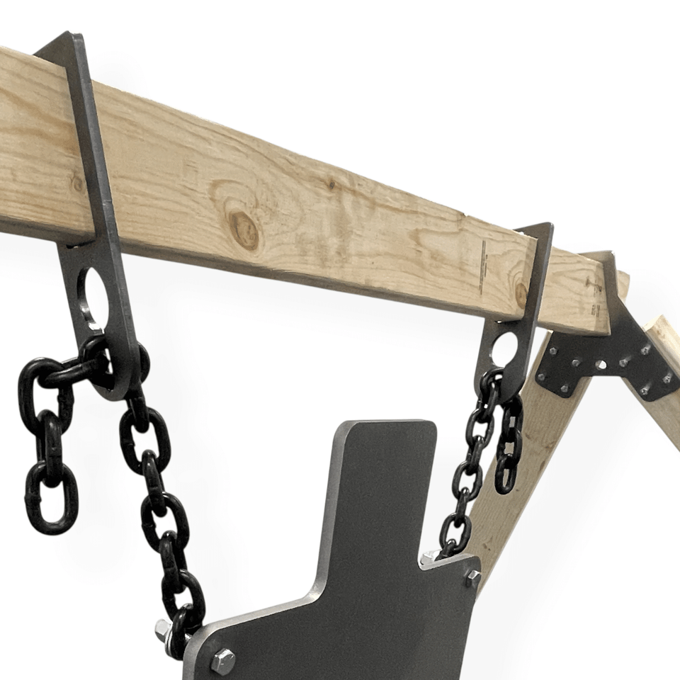AR500 18x30 steel gong target hanging on 2x4 stand at long range shooting range