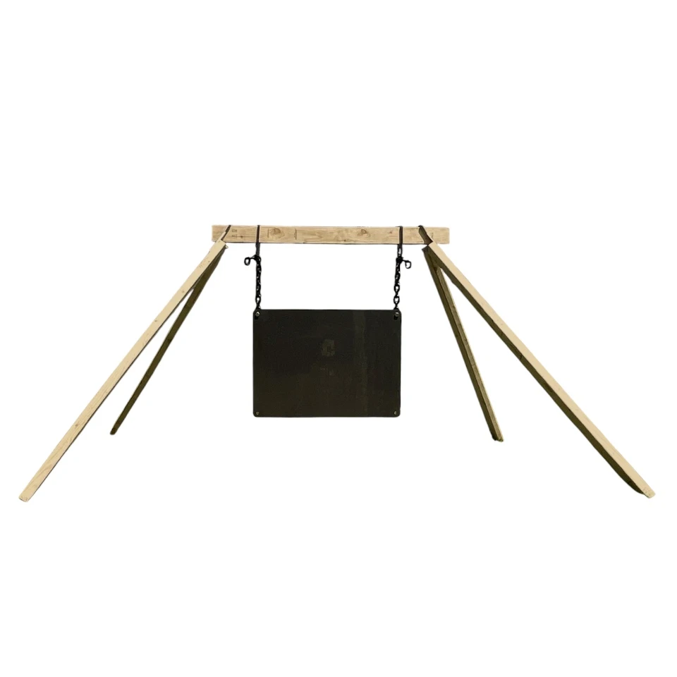 Large rectangular steel gong target displayed on neutral studio background with chain mounting kit, hybrid hangers, and stand brackets arranged for product presentation.
