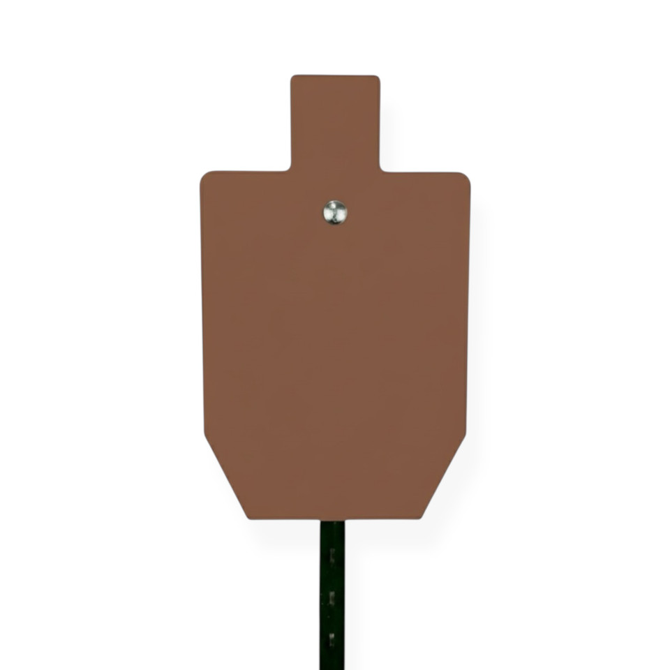 ShootSteel patented T-post hanger with AR550 silhouette target installed on steel T-post