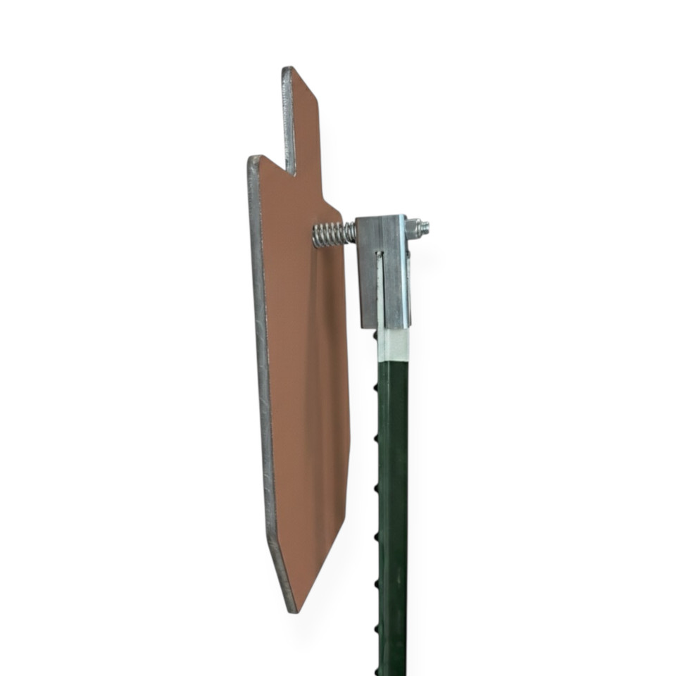 ShootSteel patented T-post hanger with AR550 silhouette target installed on steel T-post