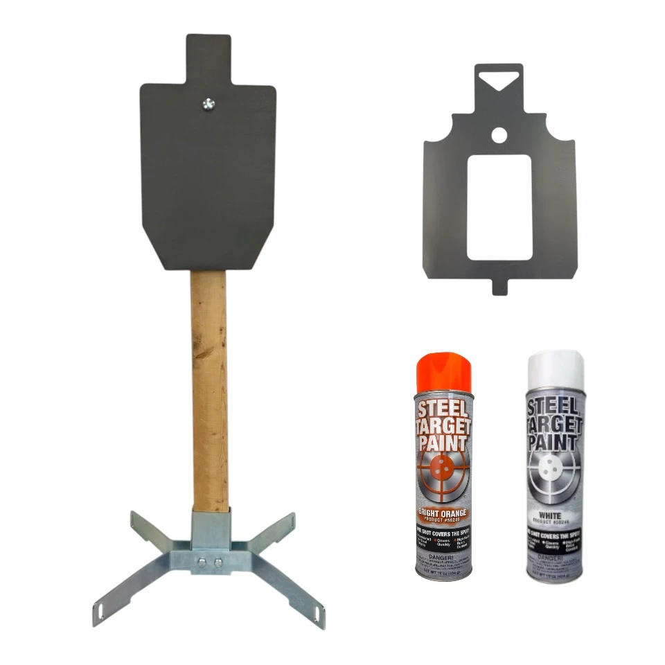 Steel target starter package displayed assembled with 12x20 AR steel silhouette, static stand, hanger system, and paint cans on outdoor range setup.