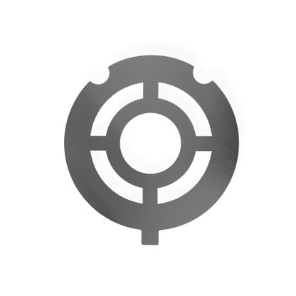 Close-up of CNC laser-cut aluminum stencil showing center mass and ring cutouts aligned on steel target for precise paint application.
