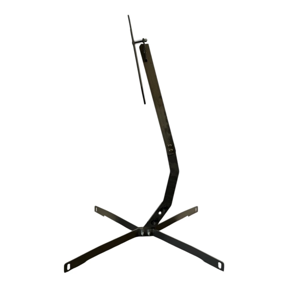 Close-up detail of AR550 steel target plate and slide-lock hanger system mounted securely on rugged all-steel upright target stand assembly