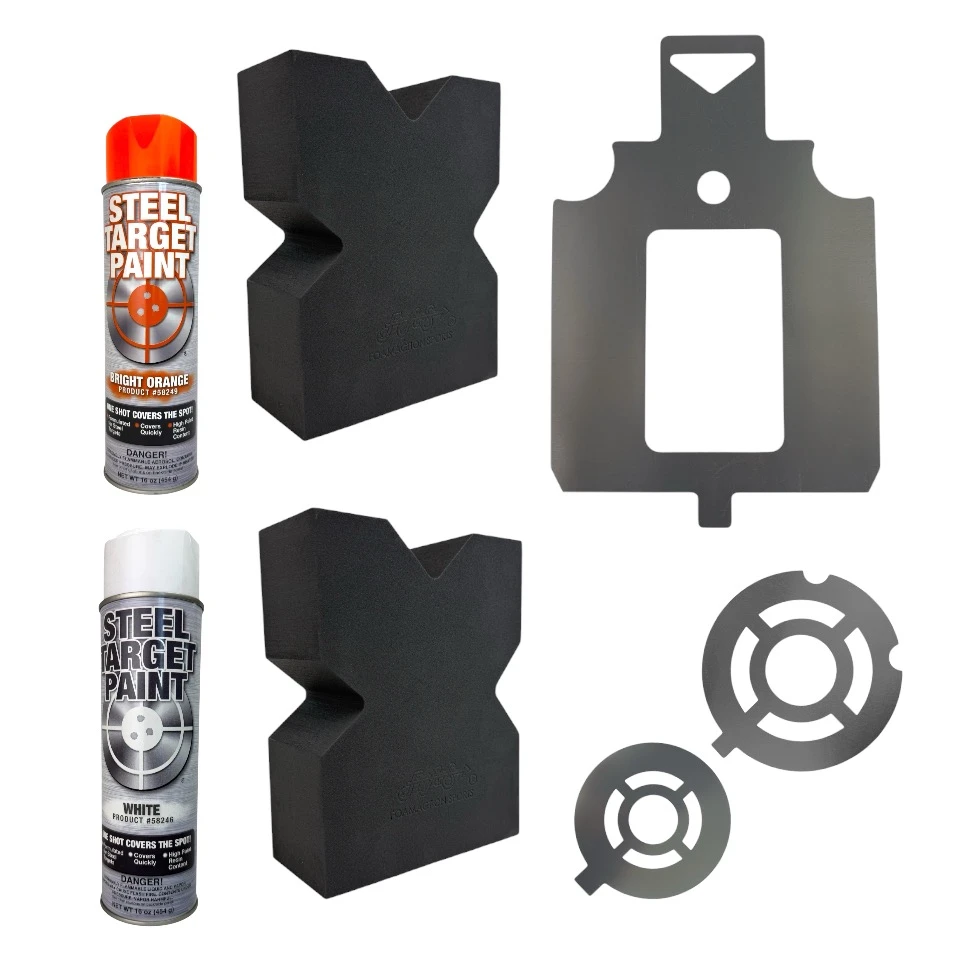 Close-up detail of steel target stencil edges showing cutout measurement guides and tab design used to prevent overspray during target painting.