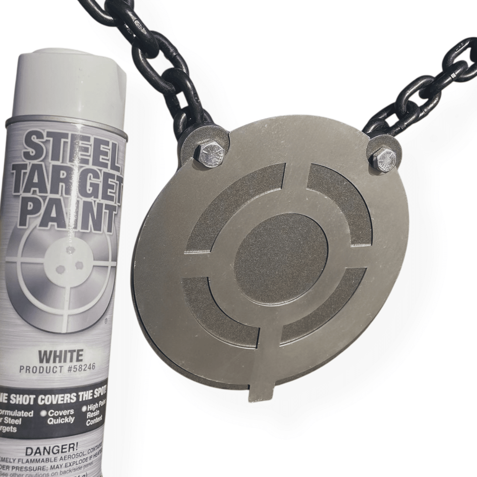 Close-up detail of 1/2-inch AR500 steel gong and 3/8-inch Grade 100 chain with quick links and reinforced mounting hardware assembly