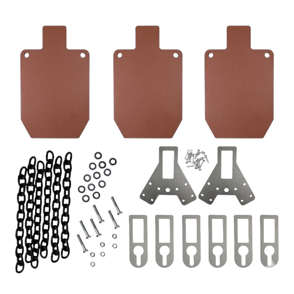 AR550 Hardox® steel gong target system with three 9x15 plates mounted on 2x4 stand using chain and hybrid hangers for long-range rifle training setup