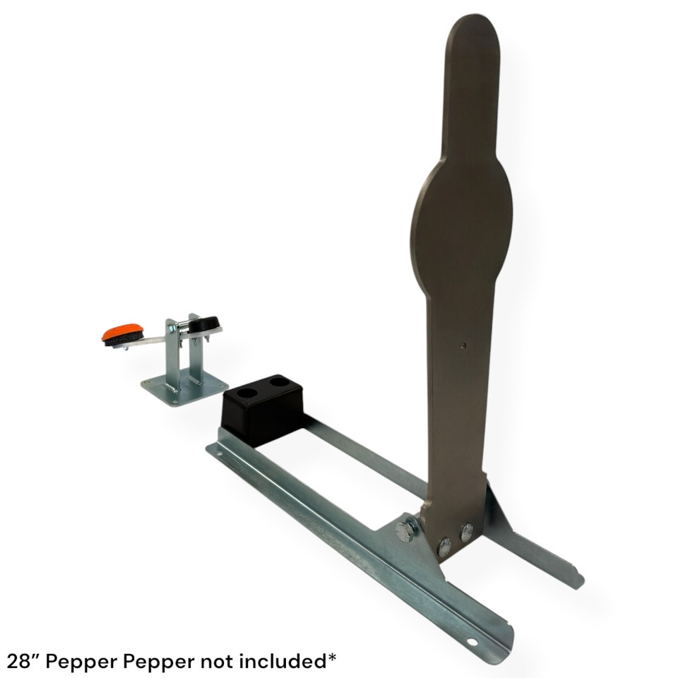 Example of how the clay flipper is used with the Shoot Steel 28" Pepper Popper in the upright position ready to be hit.