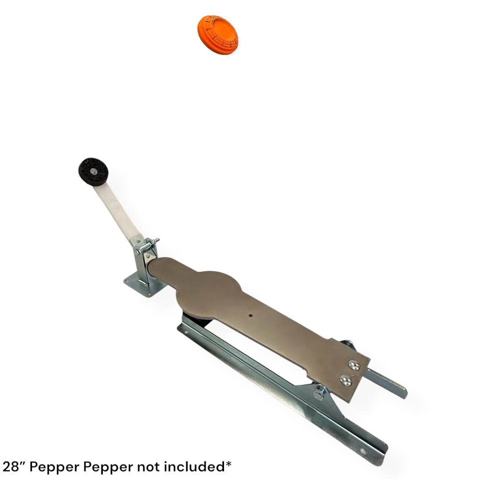 Example of how the clay flipper is used with the Shoot Steel 28" Pepper Popper in the down position launching the sporting clay into the air.