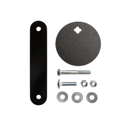 AR500 steel target package displayed with 5-inch round plates, rubber strap hangers, and 2x4 mounting hardware arranged for outdoor shooting range setup.