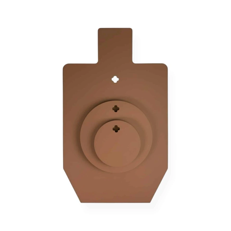 Three AR550 steel shooting targets displayed on bench, including silhouette and round plates designed for handgun and rifle training at outdoor range.