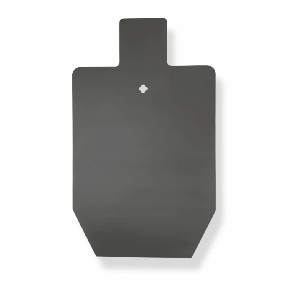 AR500 steel silhouette target hanging from a zinc-plated T-post bracket, being struck by rounds with visible impact marks during live-fire training session outdoors.
