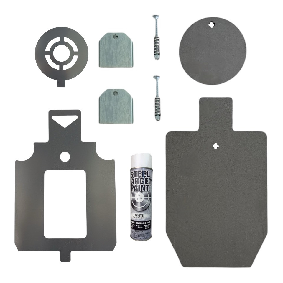 Complete steel target package includes two targets, two hangers, one stand, and one can of paint.