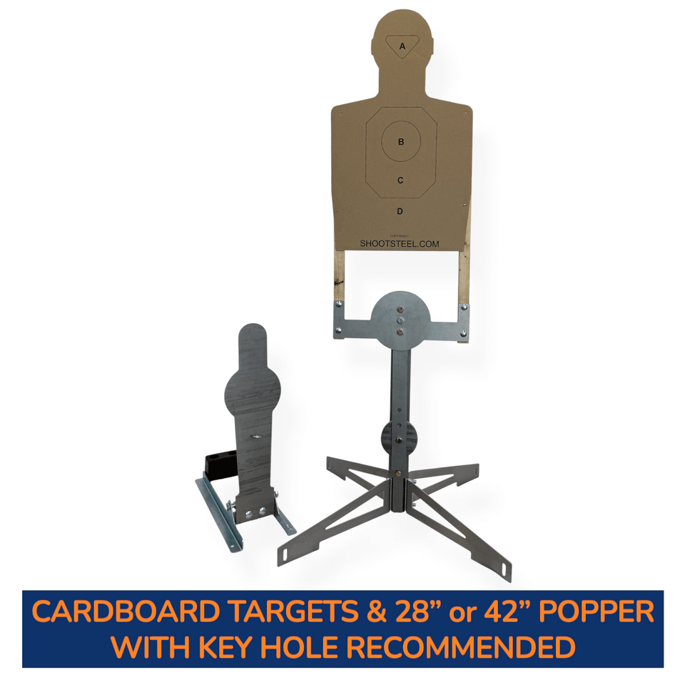 Adjustable ballast points on steel swinger base shown in detail, allowing shooters to fine-tune swing speed for varied training difficulty levels.