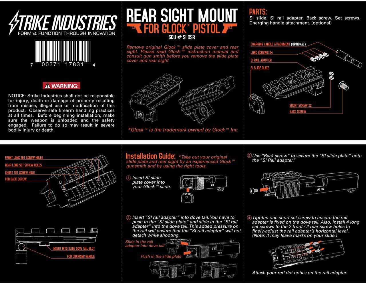 Strike Industries Rear Sight Mount Rail Adapter for Glock   Strike Industries Rear Sight Mount Rail Adapter for Glock