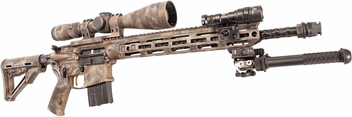 camo-colored long-range AR-15 with a scope