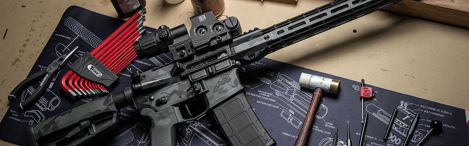 Custom AR platform rifle on a workbench