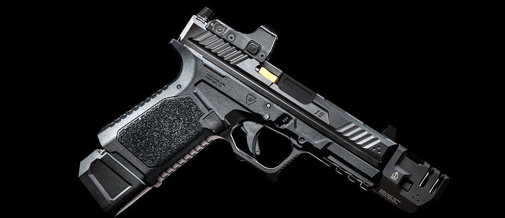 Glock 19 with a strike slide on a black background