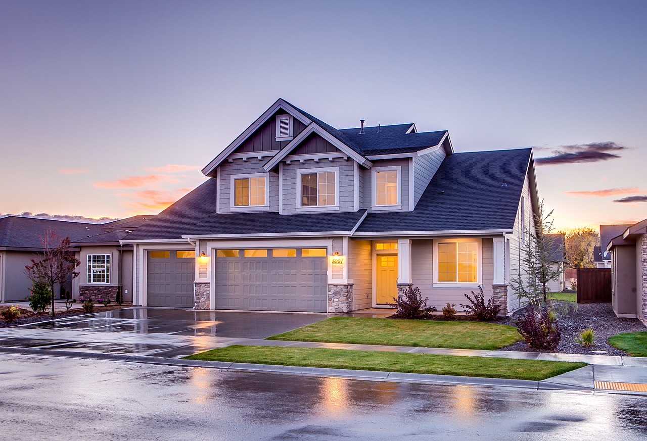House with garage at sunset