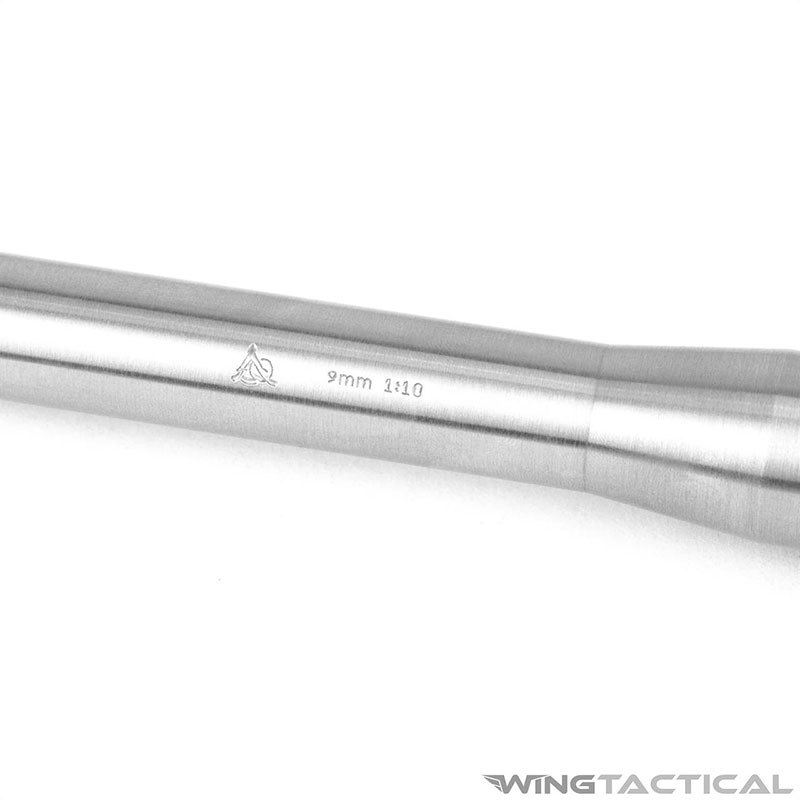  ODIN Works 7.5” 9mm AR barrel with a raw stainless steel finish