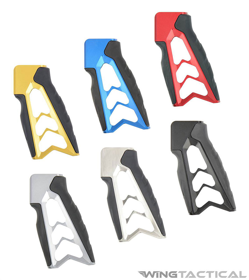 Tyrant Designs Mod aluminum skeleton AR-15 grip in six colors: black, blue, grey, gold, nickel, and red