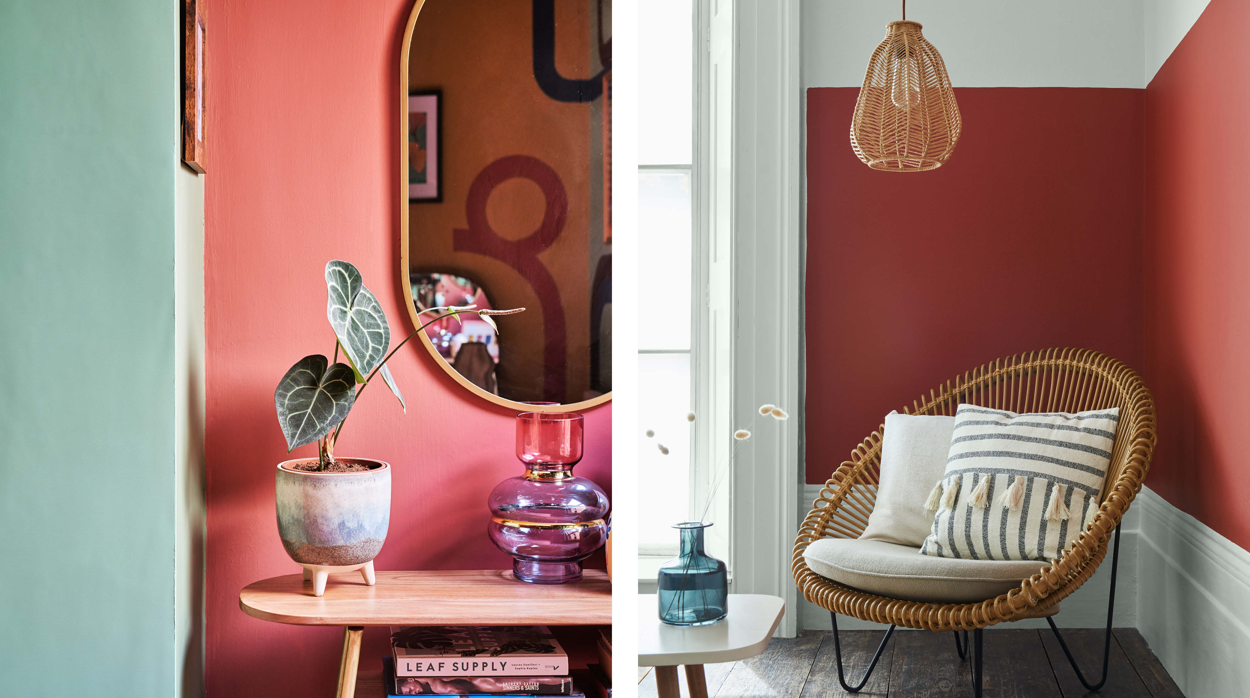 In the first image, there is a wall painted in red-brown Salmon and light green Wanderlust.  In the second image a large rattan chair sits in front of a Fire Brick red wall and Library Grey skirting boards.