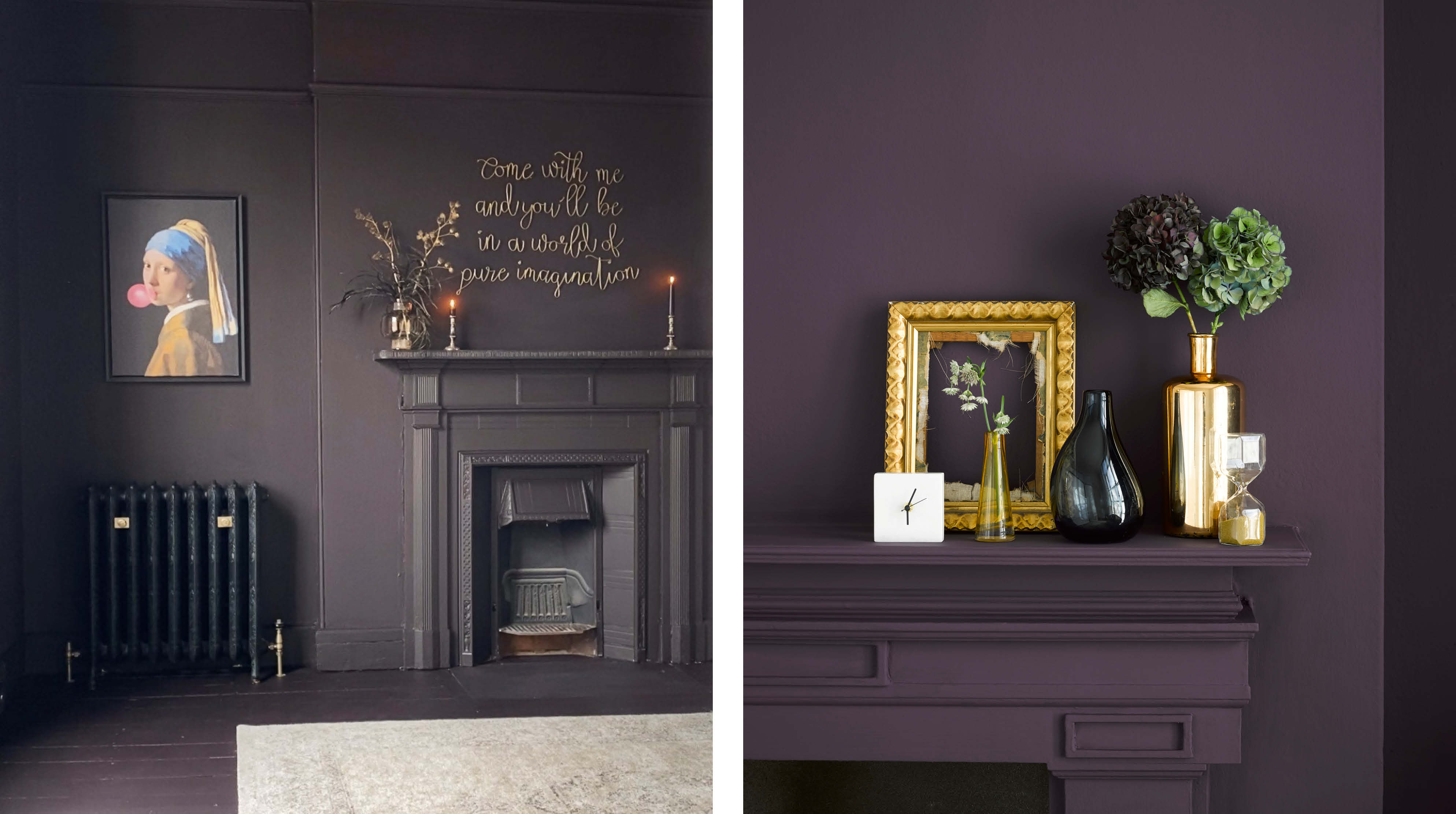 An off-black wall with a hint of purple in Dark Magic. A sign on the wall says "pure imagination". A Grape Soda wall and mantle painted deep purple with gold furnishings