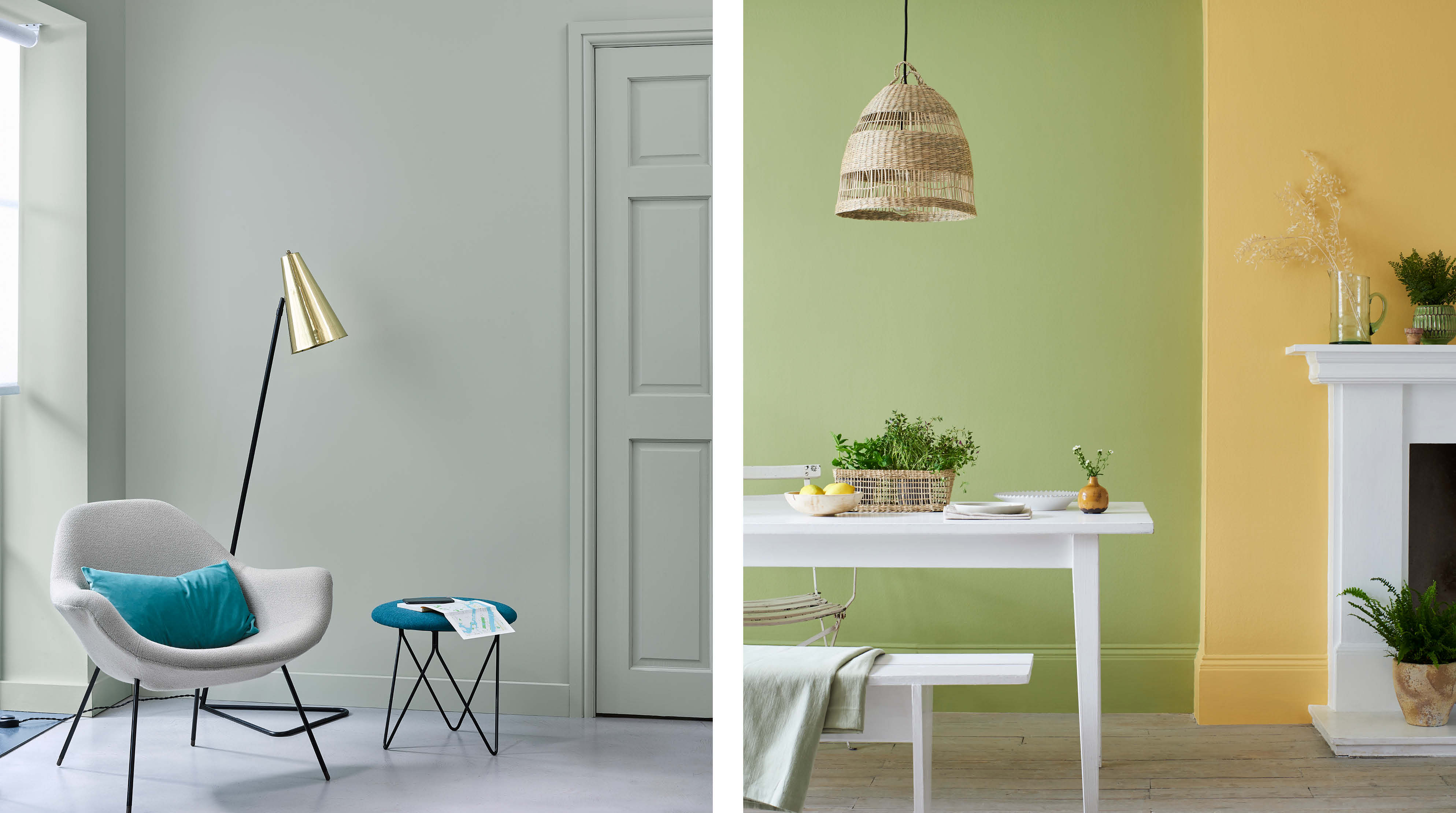 A muted green wall painted in Aloe behind a stylish grey lounge chair. A wall Painted fresh mid-green Sage Green, a wall painted Mustard yellow and a white dining table and fireplace