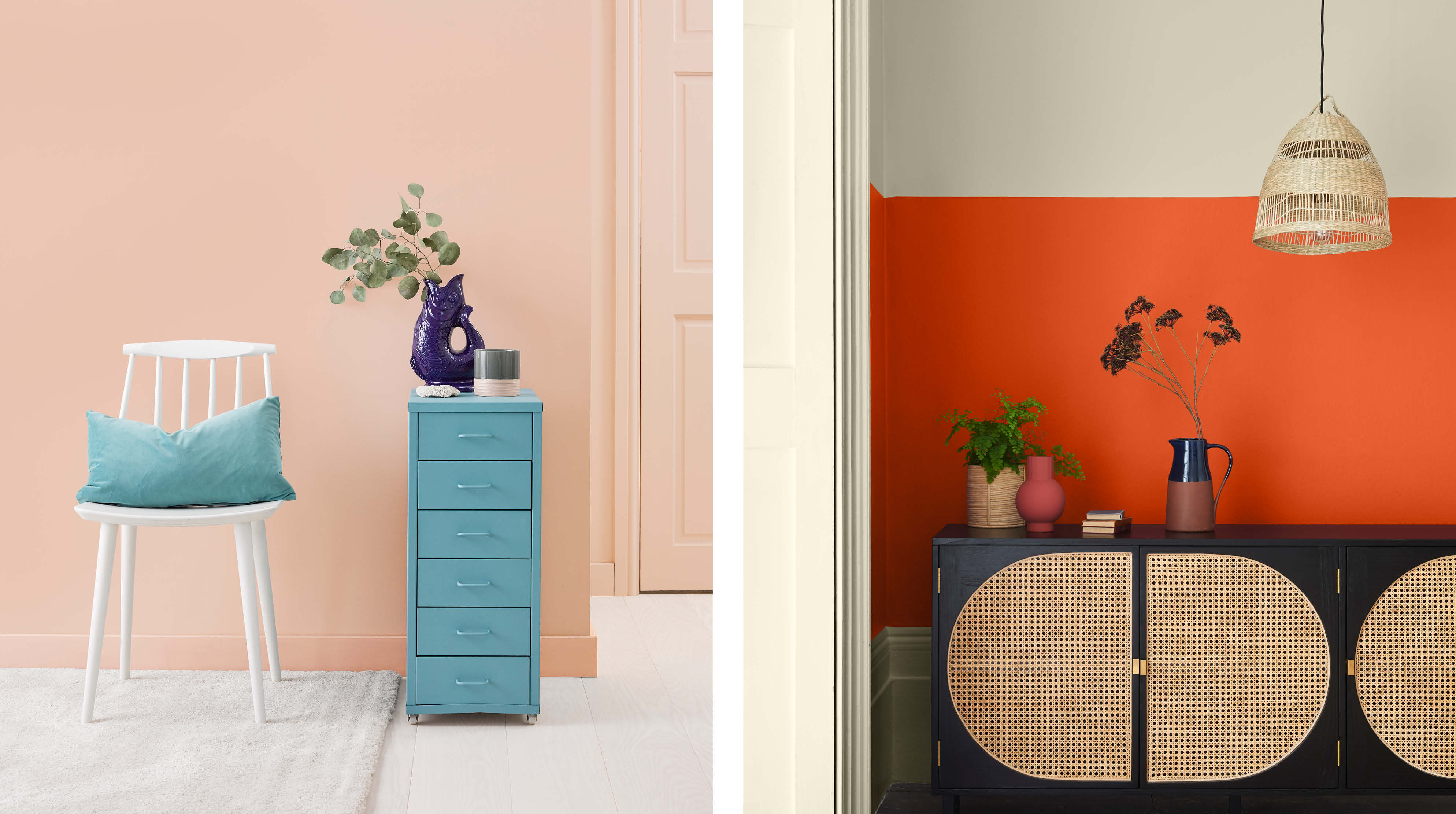 A wall painted in orange-pink Coral with a turquoise blue chest of drawers. A black cabinet sits in front of a vibrant Tiger Tea orange wall and neutral Half Light trims.