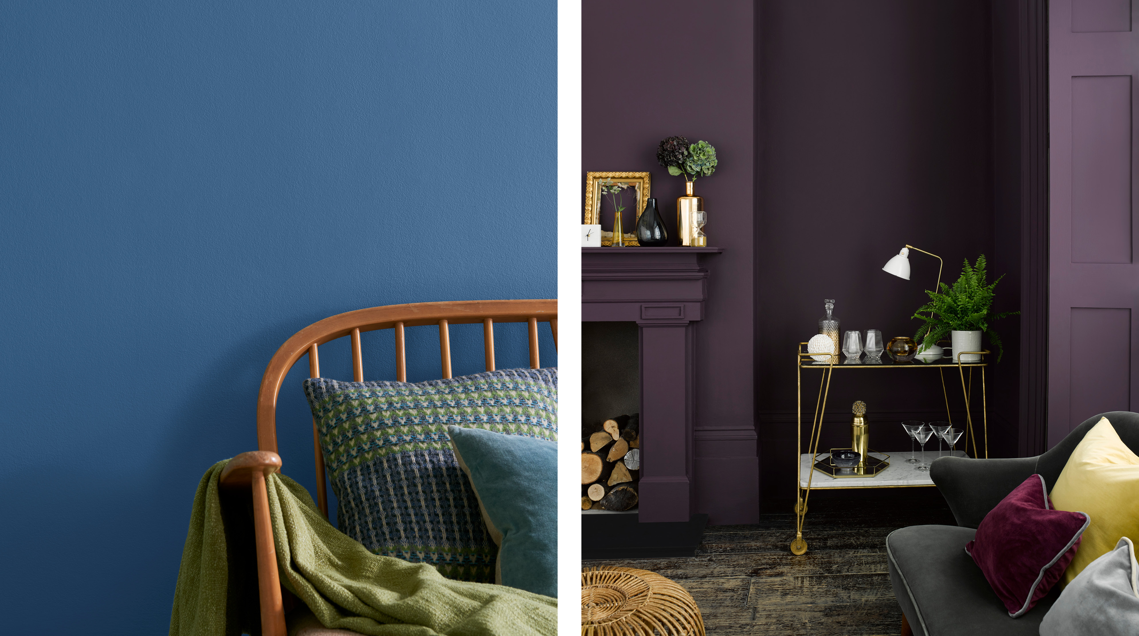 On the left: a cornflower blue wall and warm wood chair. On the right: walls and trims painted deep purple Grape Soda