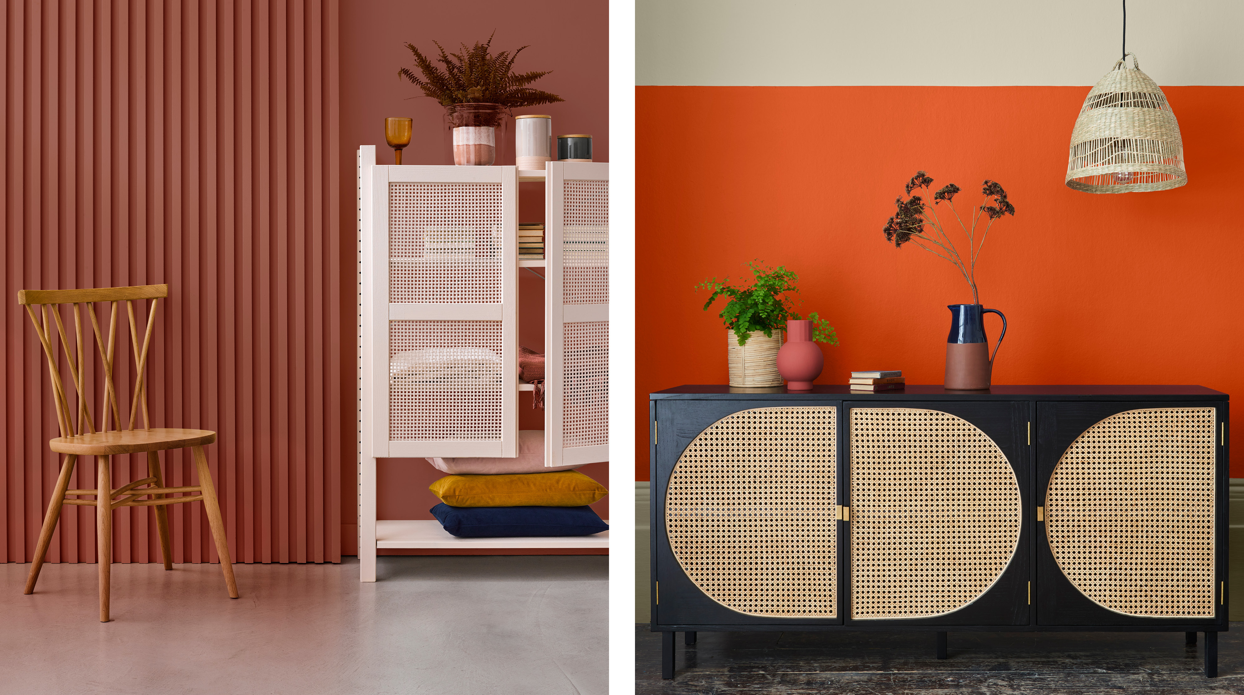 On the left: A paneled wall painted terracotta Salmon and a cabinet painted soft pink Homespun. On the right: a black cabinet and bright orange walls Painted Tiger Tea with a thin stripe at the top of the wall painted neutral Half Light