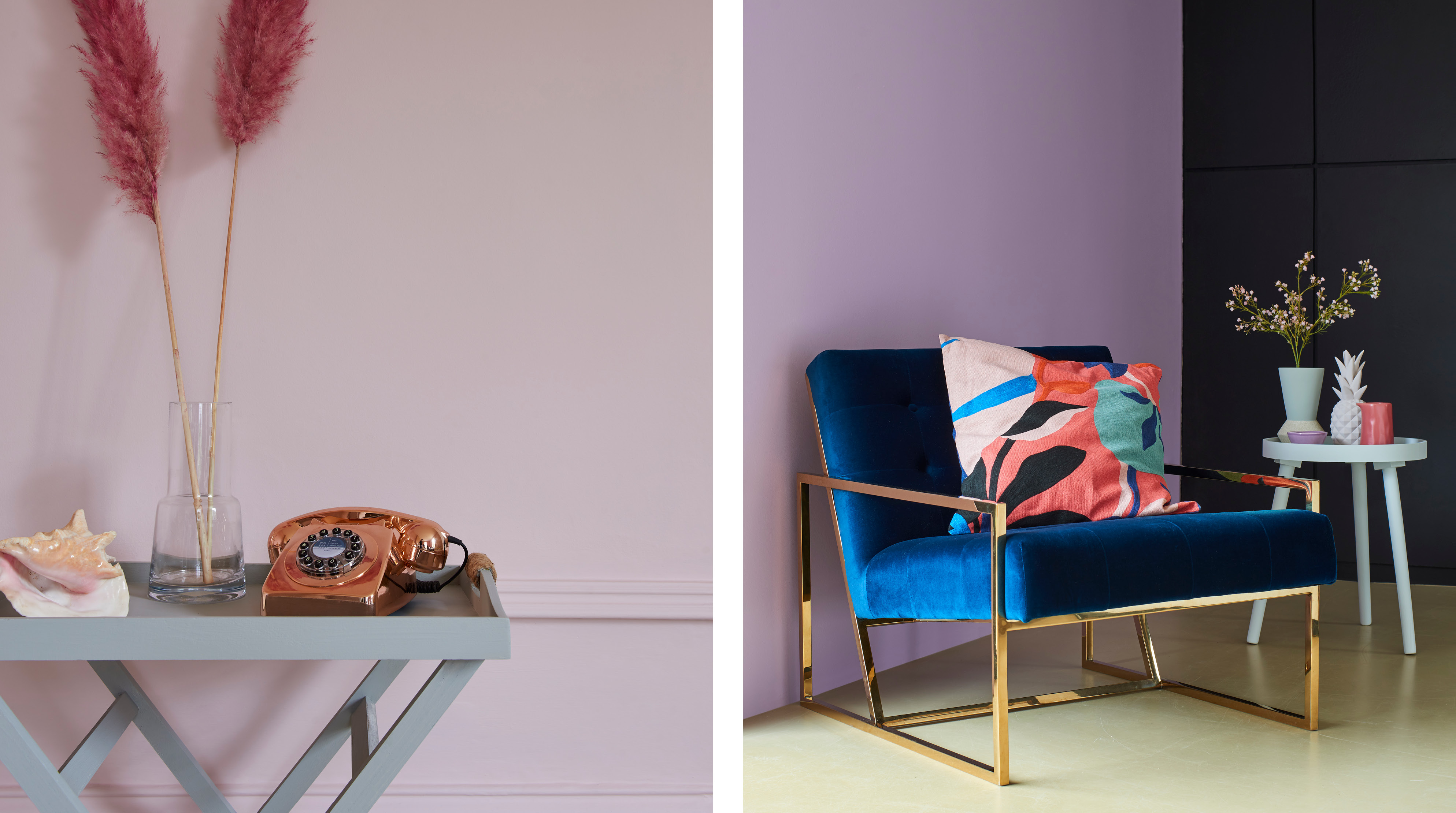 On the left: a pale pink wall painted in Strawberry Vanilla and a light blue table painted in Icecap. On the right: A pale purple wall painted in Violet Macaroon, a side table painted pale blue Marcella and the opposing wall painted Black Sand