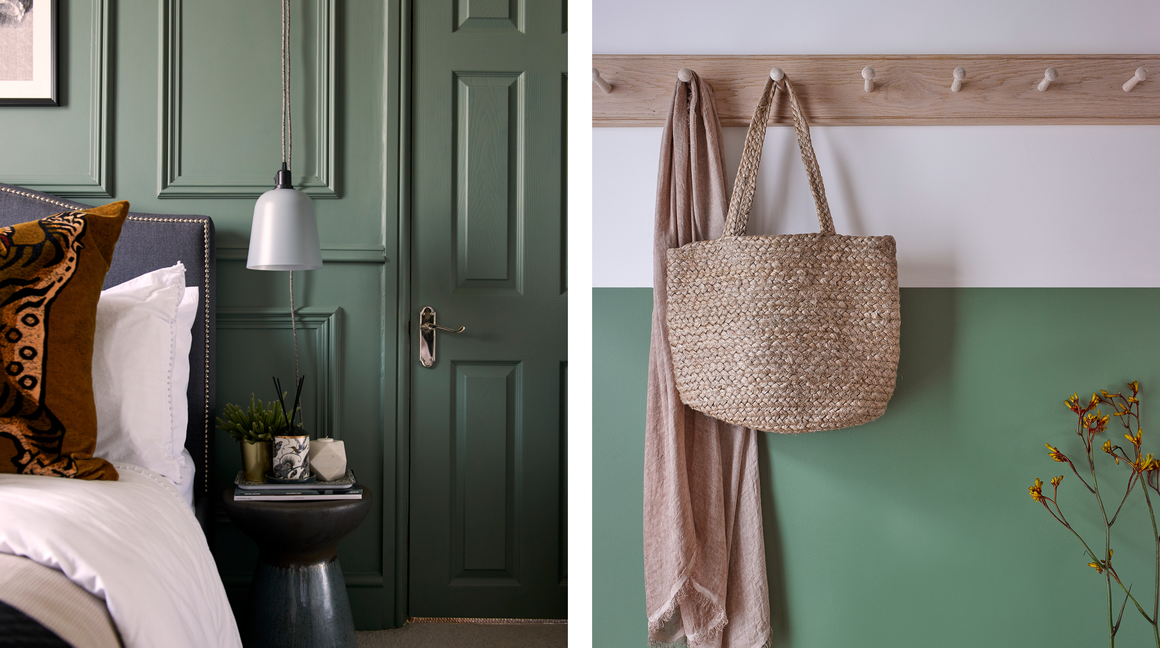 On the left: panelled walls and door painted Serenity in a bedroom. On the right, a wall painted two-thirds All Green