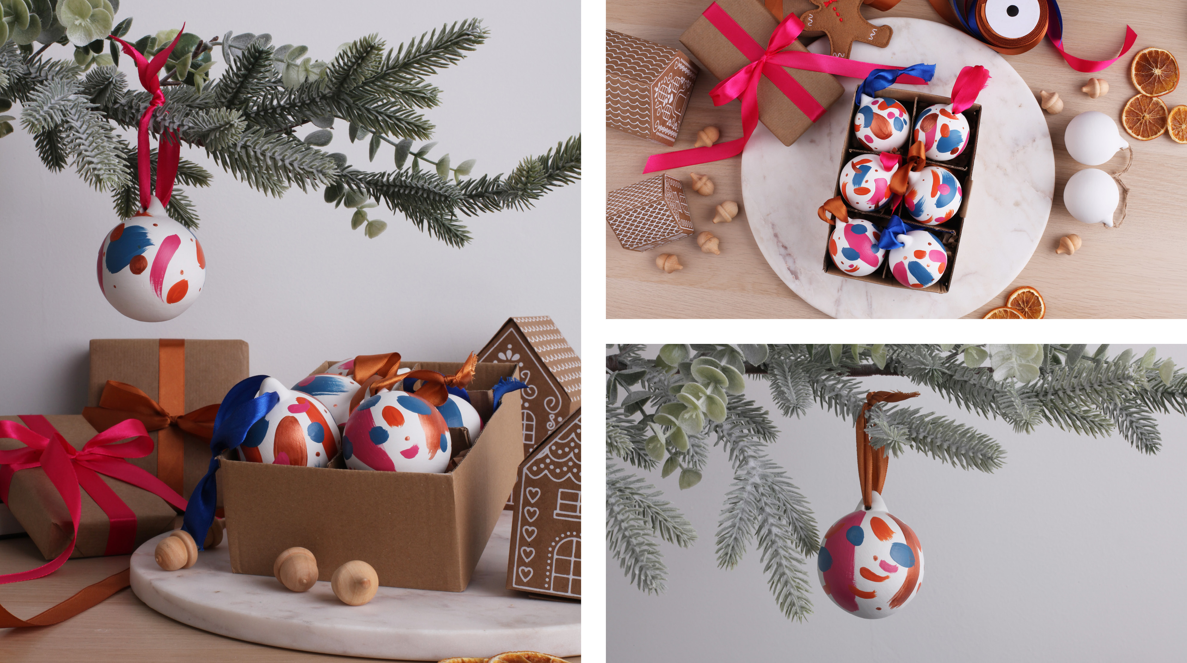 Multi-coloured baubles in a present box and hanging from a tree. Painted in orange Tiger Tea, pink Raspberry Ripple, Cobalt blue and metallic Copper