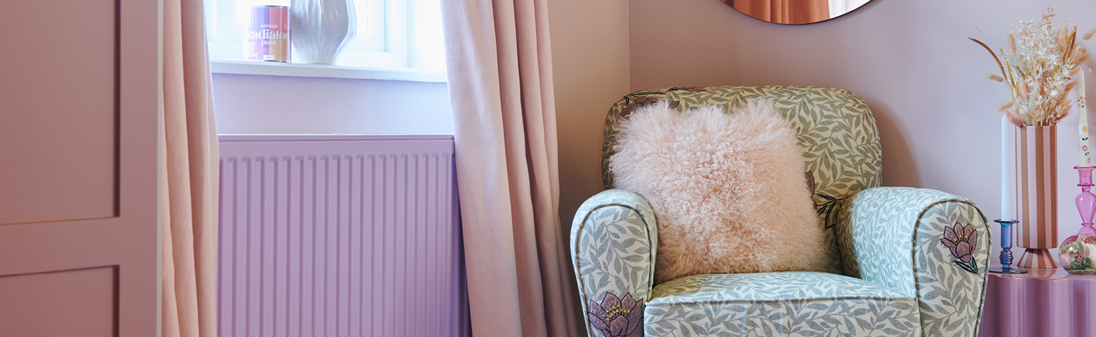 A pastel bedroom with the radiator painted in pale purple Violet Macaroon