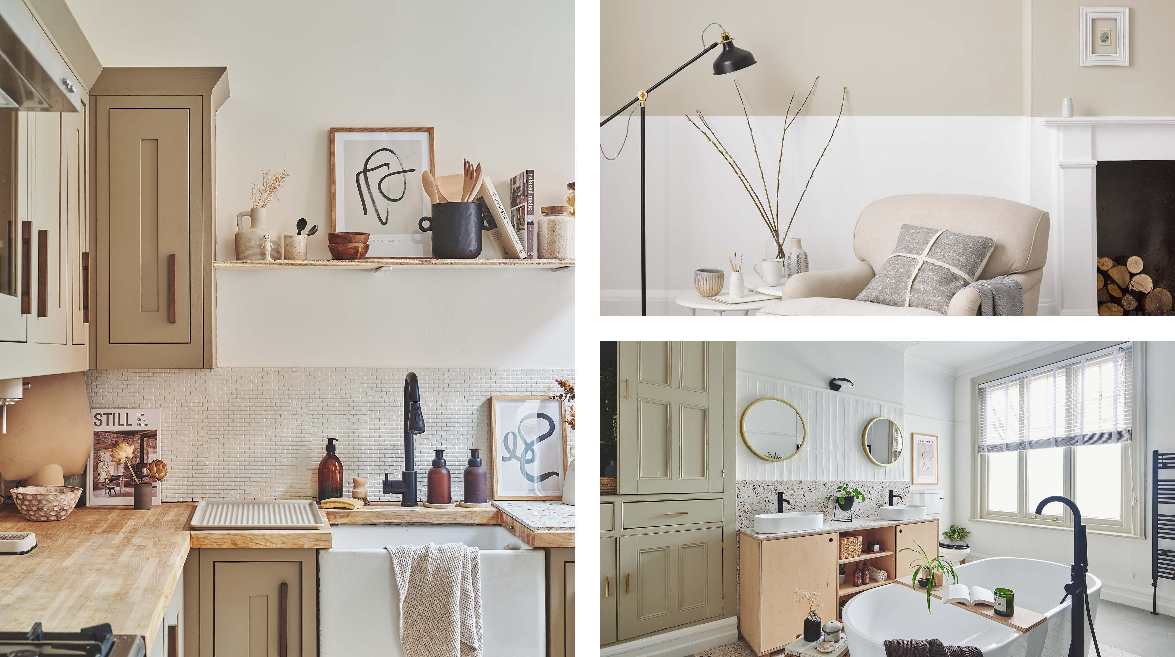 A kitchen painted in warm white Porcelain, tiles painted warm neutral Oyster. A lounge wall painted in white Cotton and neutral Hessian. A bathroom in Chalk White and earth toned neutral Half Light 