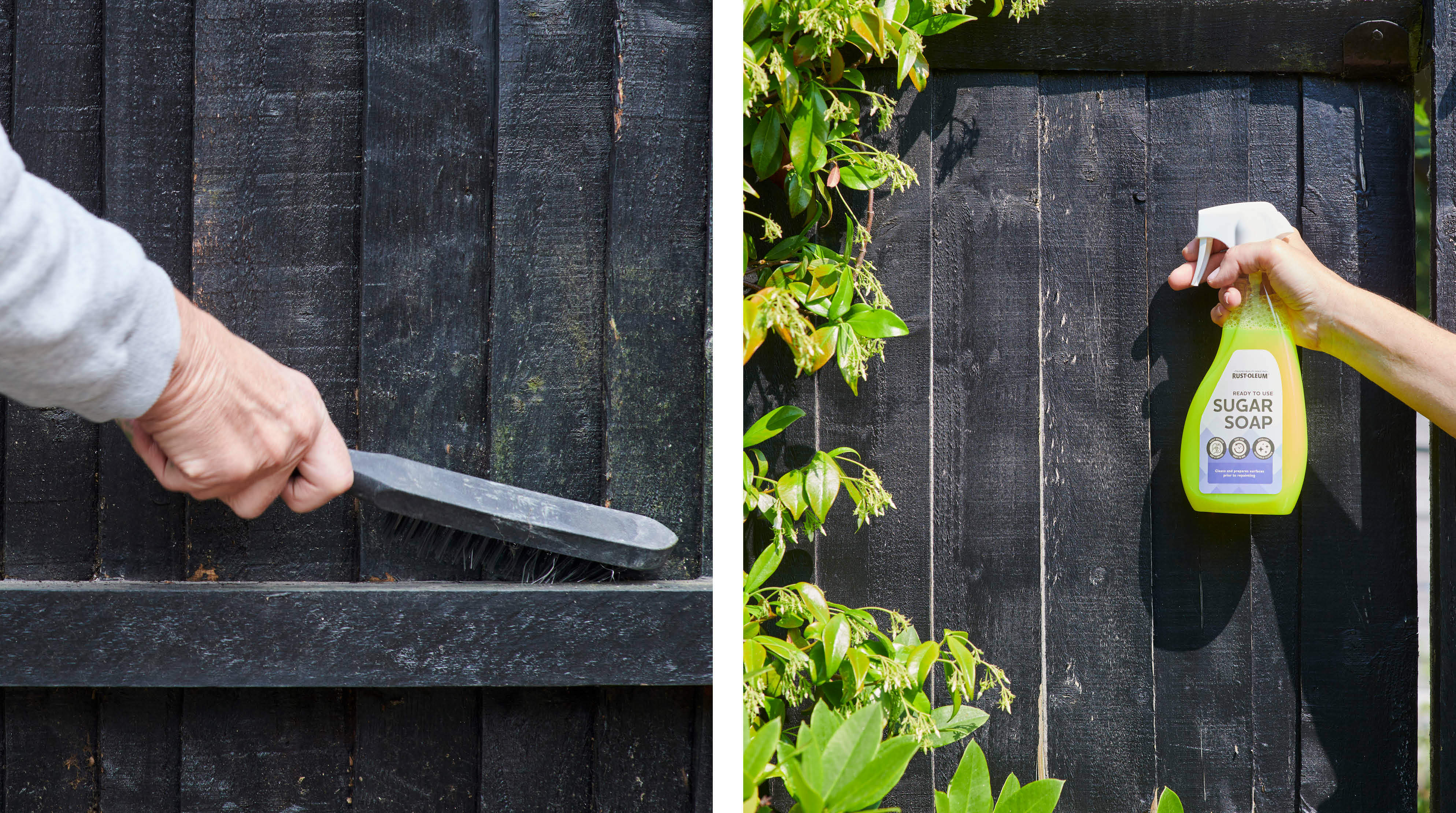 Scraping debris from a fence with a wire brush and cleaning with Rust-Oleum Sugar Soap