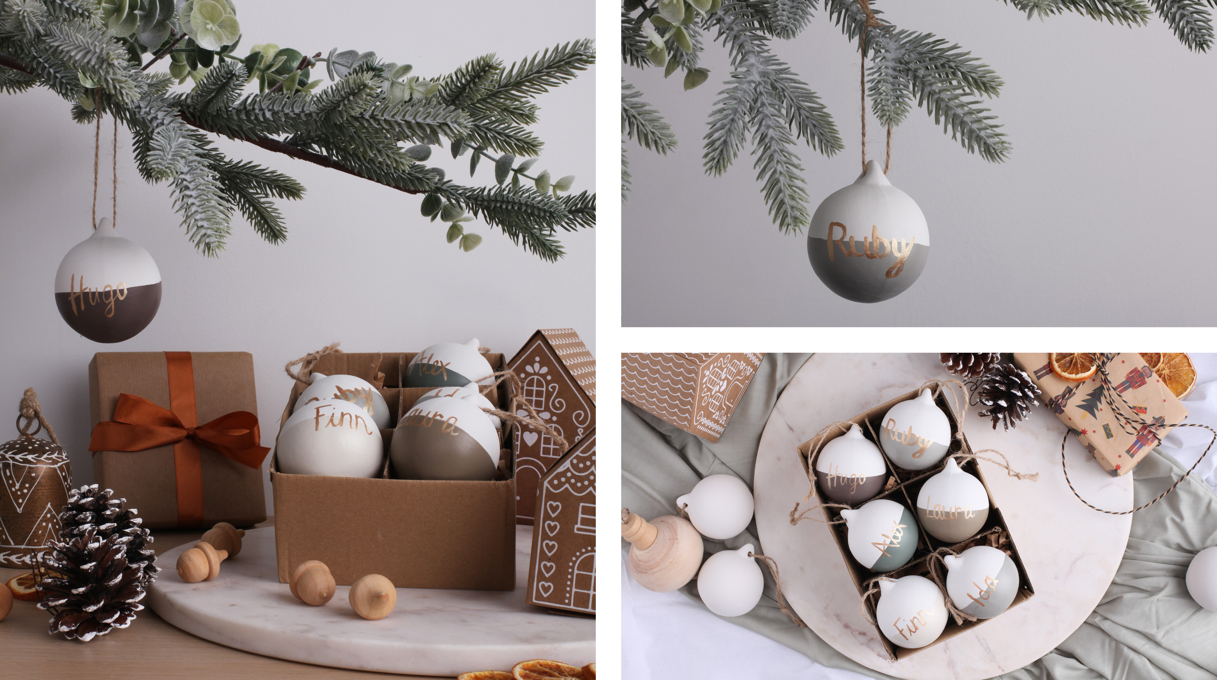 A selection  of neutral baubles painted in  Tanglewood, Cafe Luxe, Longsands, River's Edge, serenity with Gold lettering