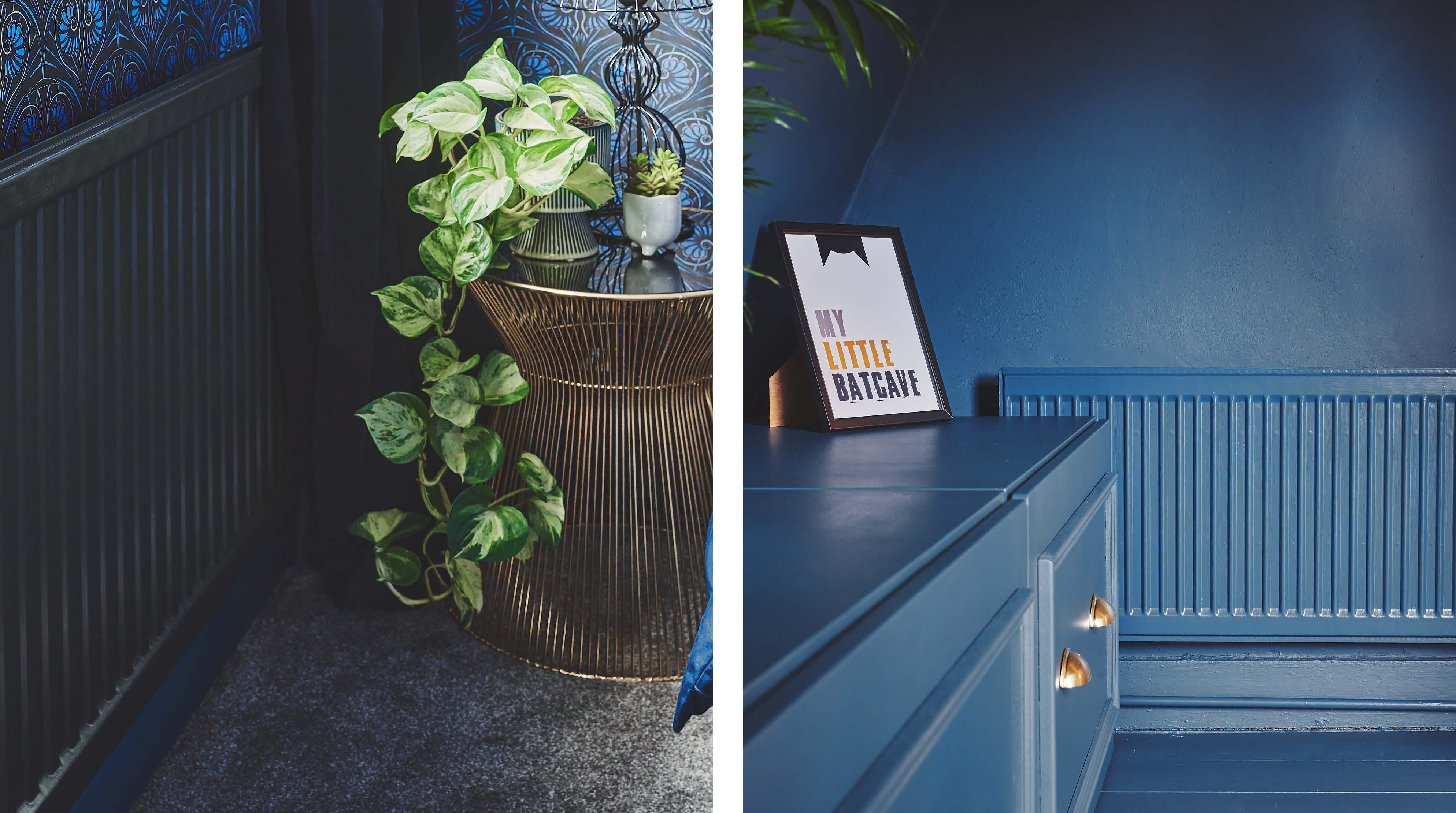 A radiator painted off-black Black Sand and a radiator painted in deep blue Blueprint