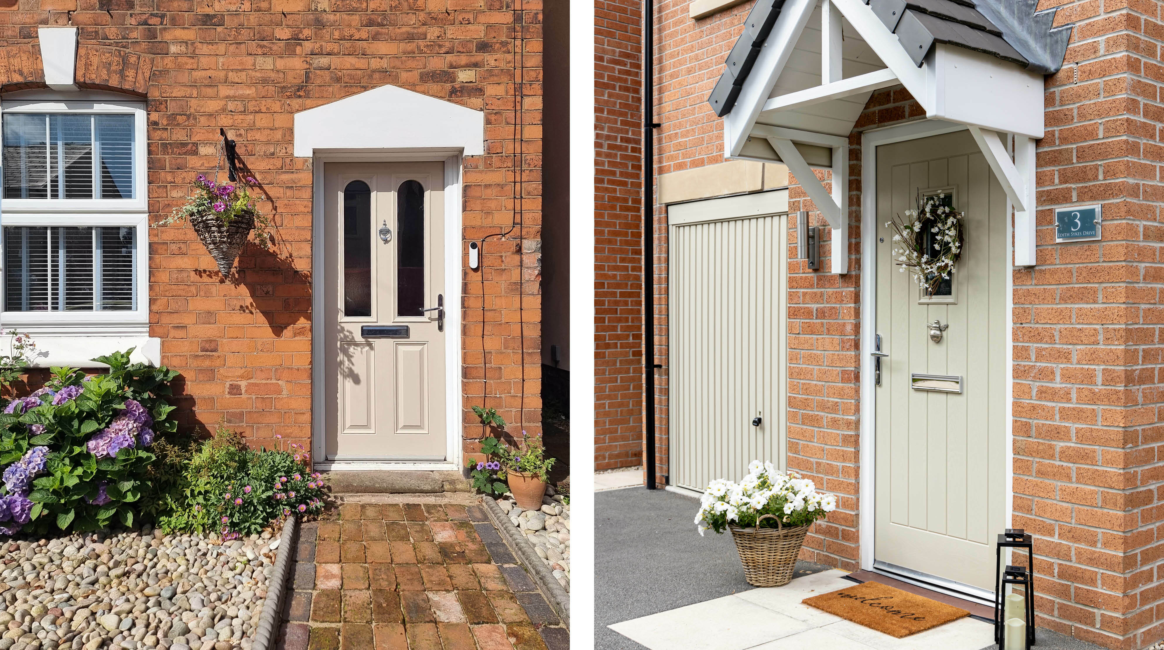 A front door painted in warm neutral Warm Clay and a front door painted in green toned beige Silver Sage