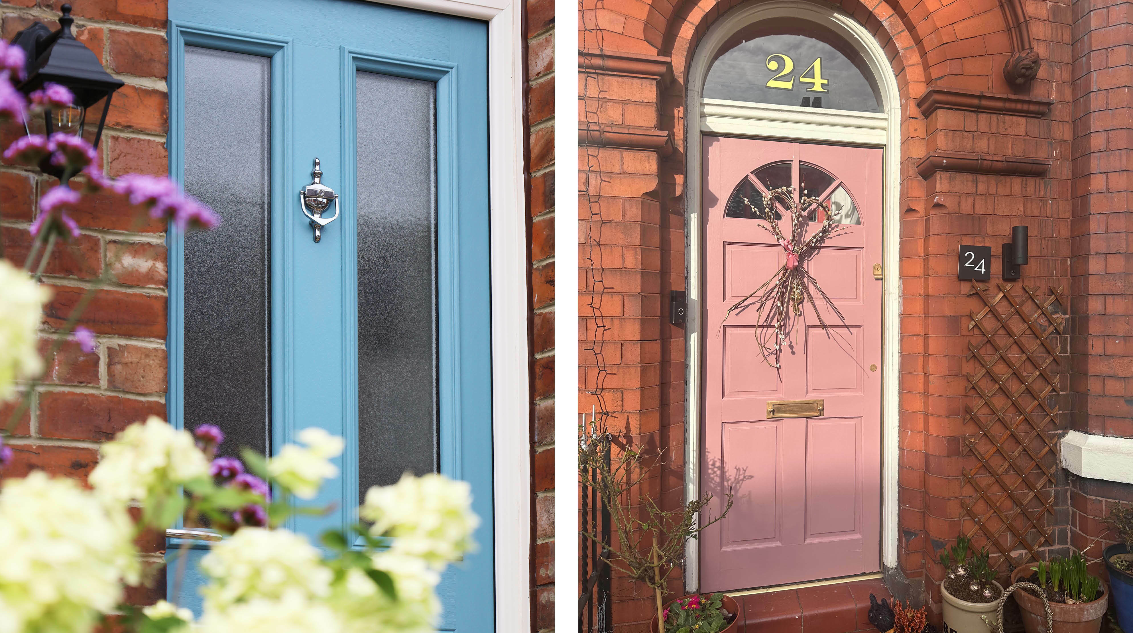 A door painted bright blue Pacific State and a blush pink door painted Heartfelt