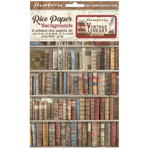 Stamperia Assorted Rice Paper Backgrounds A6 8/Sheets - Vintage Library (FSAK6001)