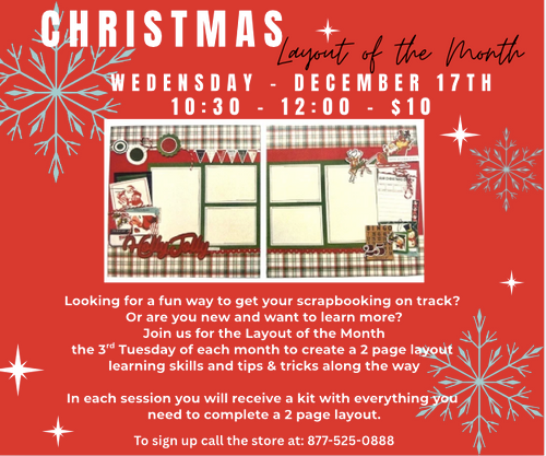 In Store - Layout of the Month - 12/17  10:30-12:00 - Holly Jolly - $10 - then Stay & Play 1:200-4:30 In Store - Layout of the Month - 12/17  10:30-12:00 - Holly Jolly - $10 - then Stay & Play 1:200-4:30