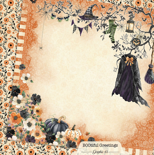 Graphic 45 - Double-Sided Card Stock 12x12  - BOOtiful Greetings - Bewitching Layout - 4503295